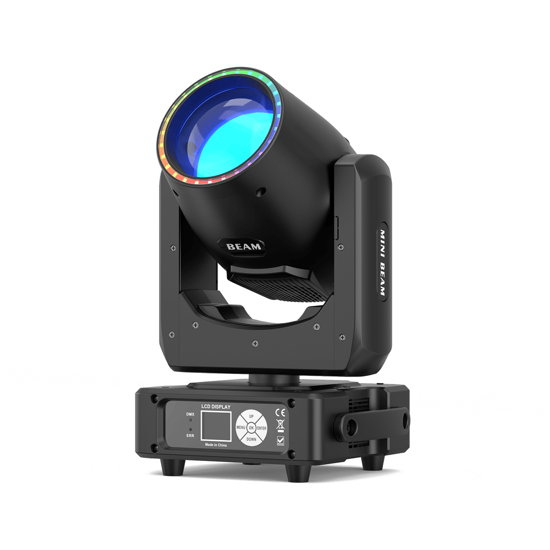Professional UKING ZQ02357 BEAM stage light with vibrant blue beam, rainbow FX lens, and LCD control panel.