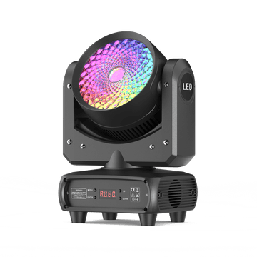 Black UKING ZQ02358 moving head light with vibrant RGBW LEDs and digital display for stage.