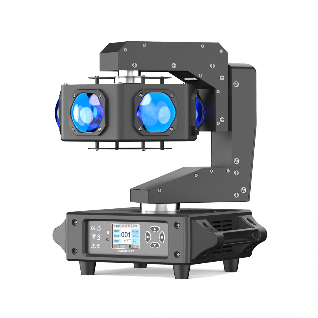 UKING ZQ02359 BEAM PRO professional moving head stage light. Black fixture with 6x40W RGBW LEDs and DMX control.