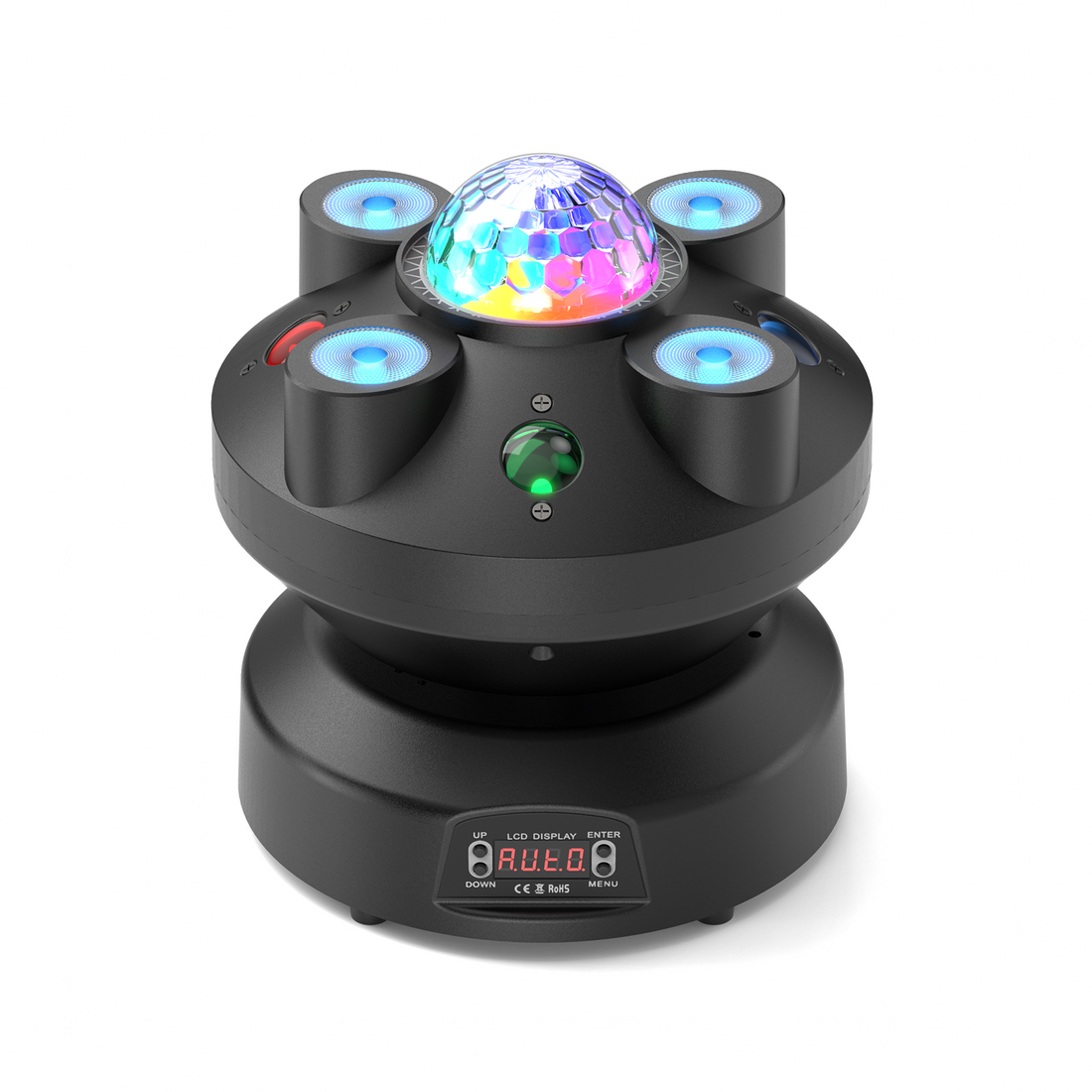 Professional UKING ZQ02362 Moving Head Light with vibrant multicolor LED dome, four blue LED beams, and digital display.