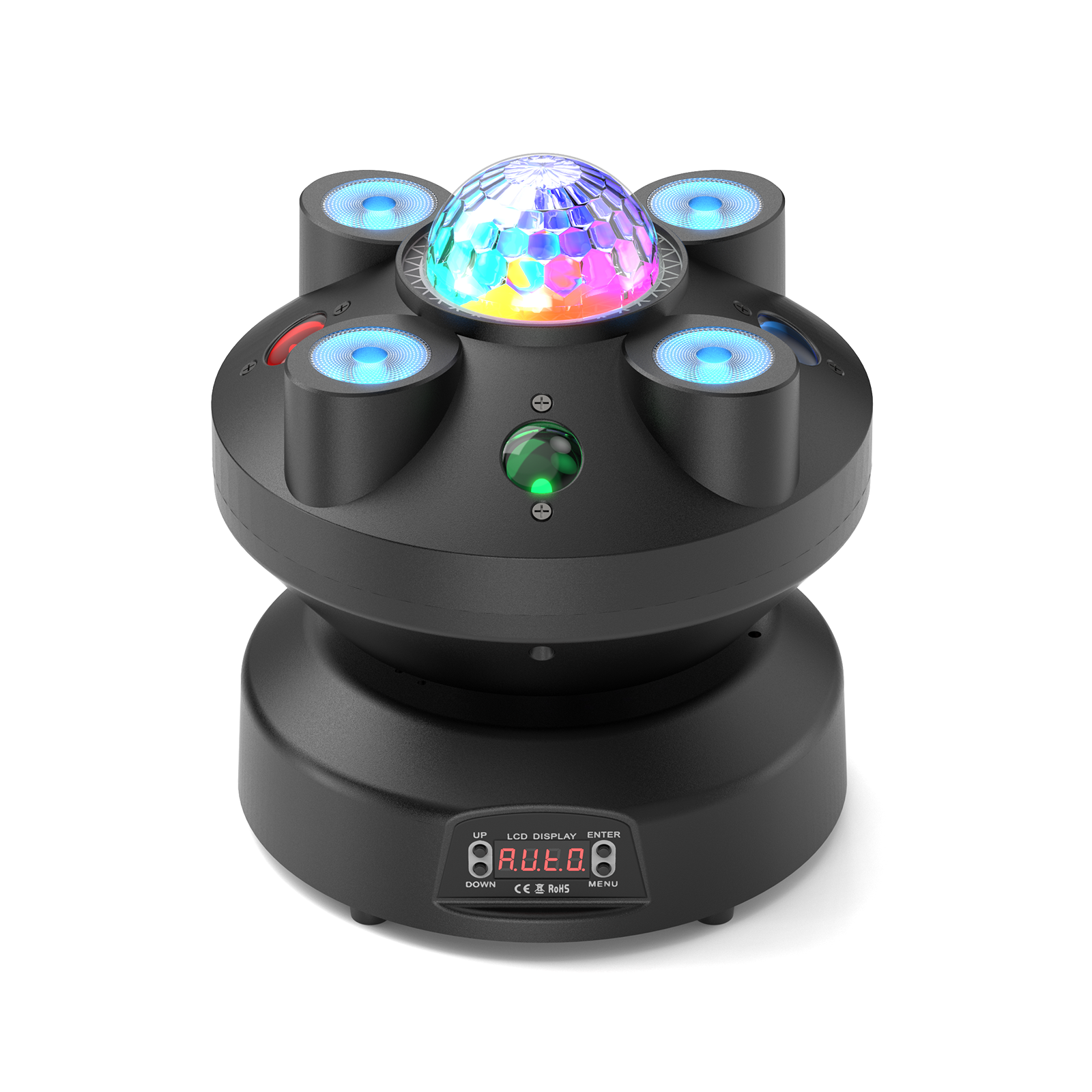 Professional UKING ZQ02362 Moving Head Light with vibrant multicolor LED dome, four blue LED beams, and digital display.