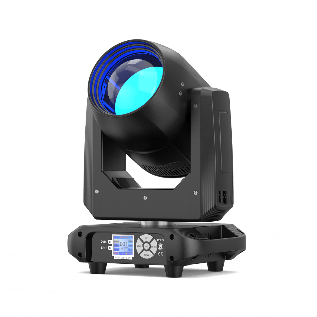 UKING ZQ02367 BEAM PRO moving head stage light, black finish with vibrant blue LED and front LCD display.