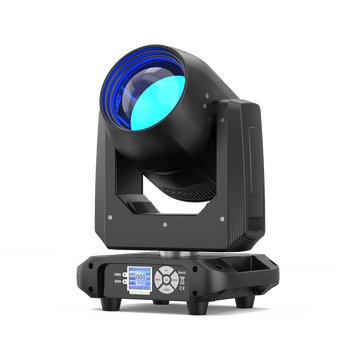 UKING ZQ02367 BEAM PRO moving head stage light, black, cyan beam, blue lens ring, LCD display.