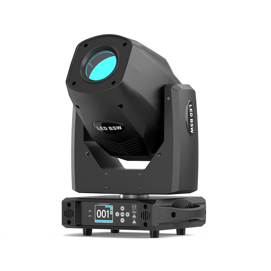 Black UKING ZQ02371 BEAM 200W LED moving head stage light with blue lens and digital display.