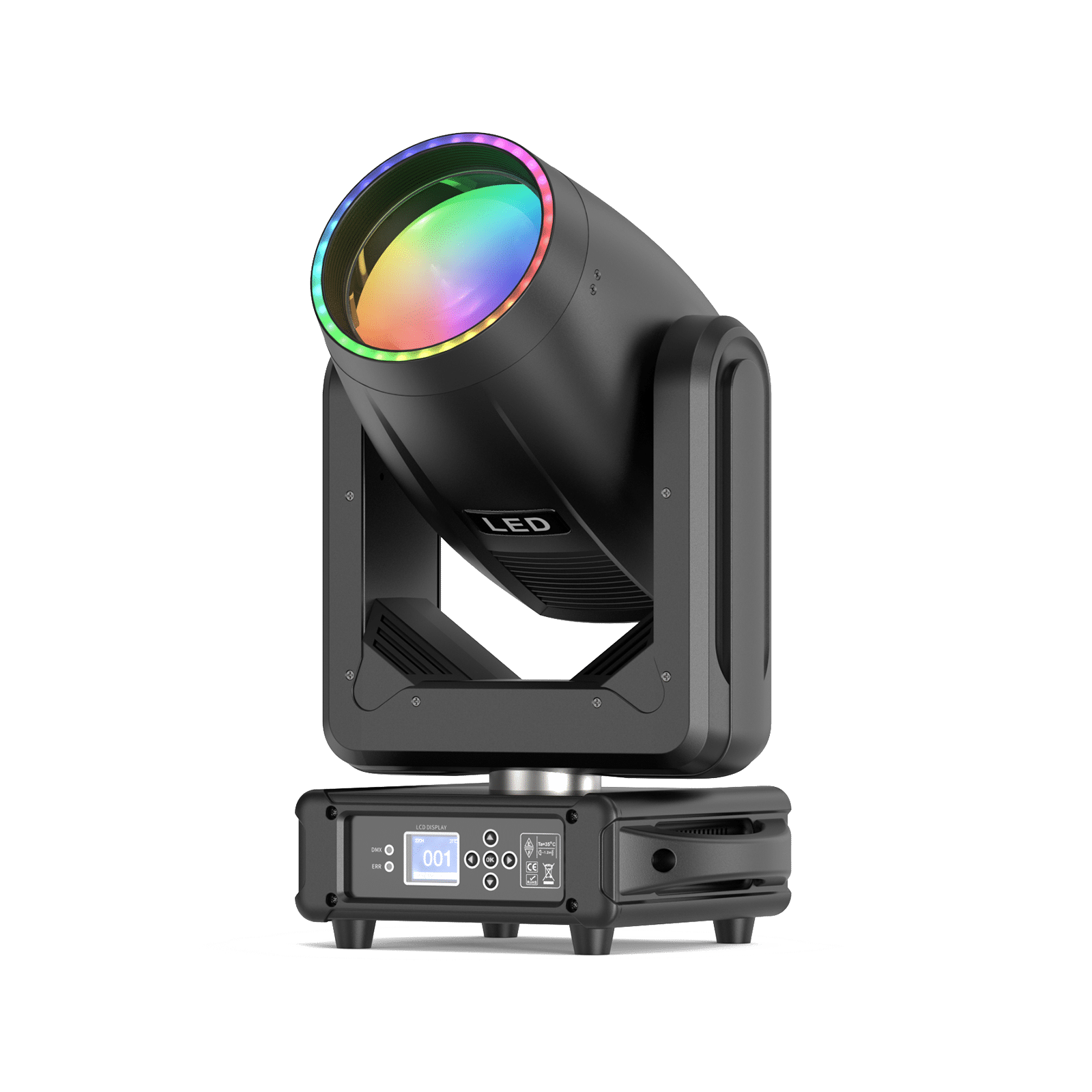 Black UKING ZQ02372 BEAM LED moving head light with vibrant rainbow lens, LCD display for stage events.