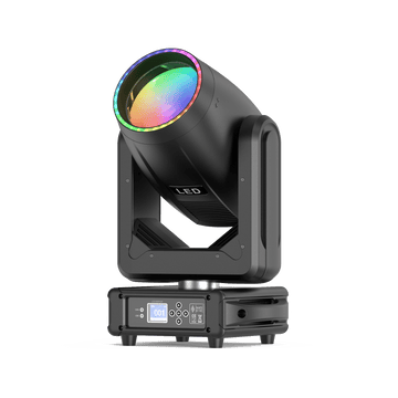 Black UKING ZQ02372 BEAM LED moving head light with vibrant rainbow lens, LCD display for stage events.