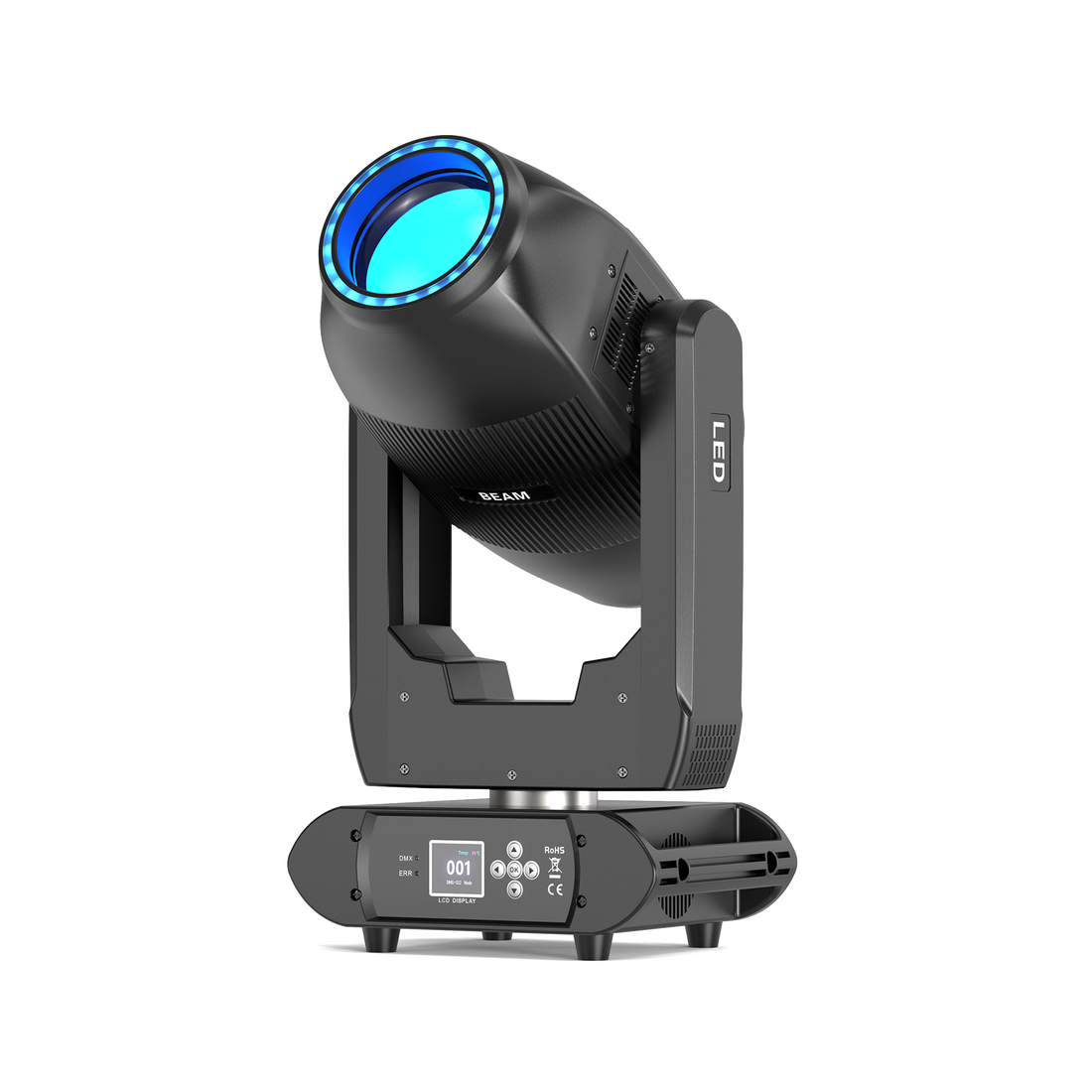 UKING ZQ02373 Dual-Head Moving Head Light, black, with illuminated blue LED beam lens and LCD control panel for stage.