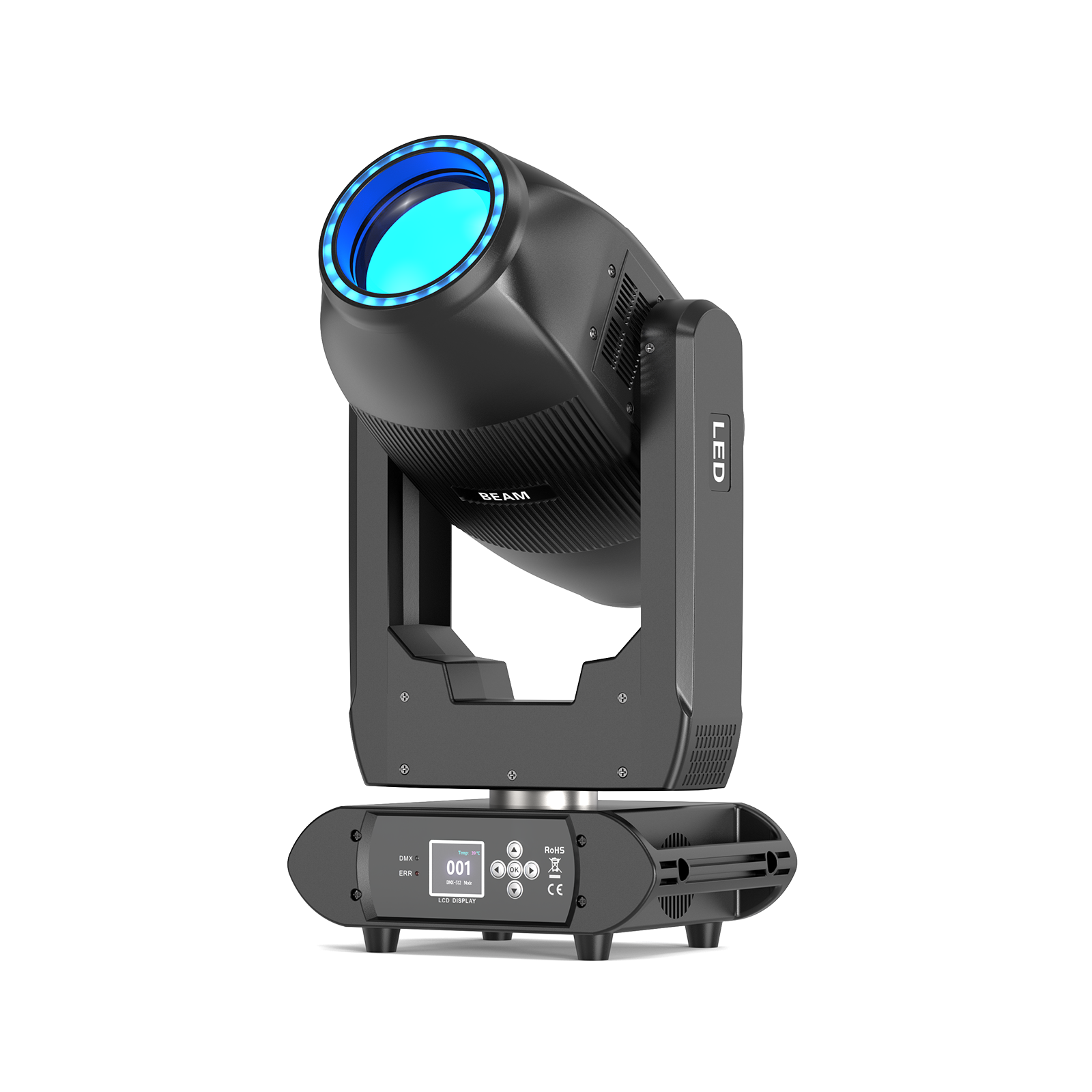 UKING ZQ02373 Dual-Head Moving Head Light, black, with illuminated blue LED beam lens and LCD control panel for stage.
