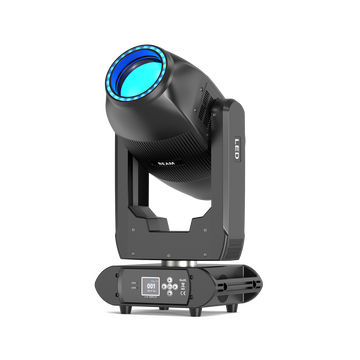 UKING ZQ02373 Dual-Head Moving Head Light, black, with illuminated blue LED beam lens and LCD control panel for stage.