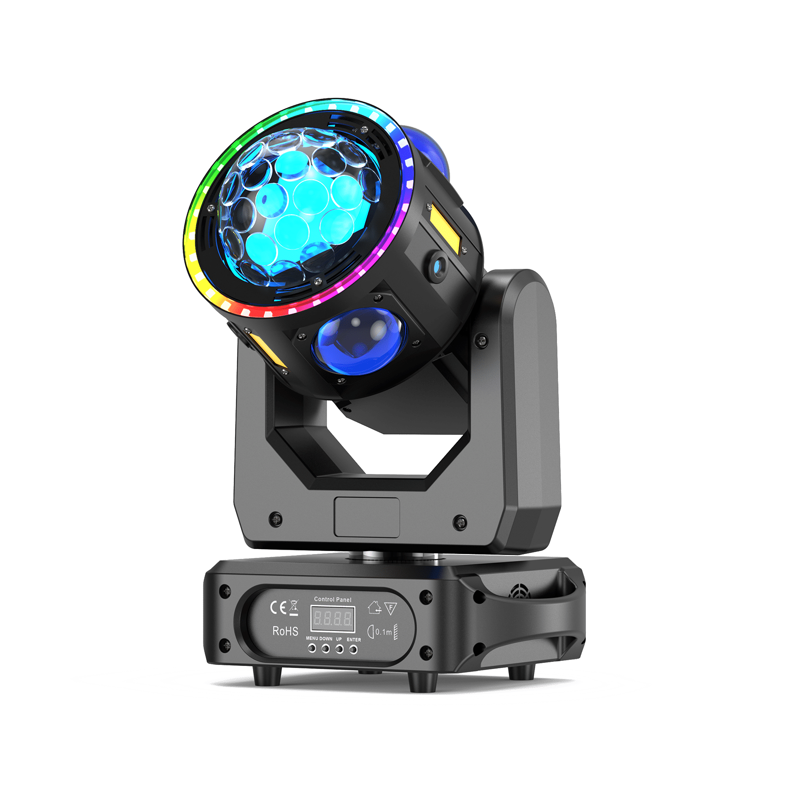 UKING ZQ02620 Moving Head Light, black, with rainbow LED ring, blue multi-faceted dome for stage & party.