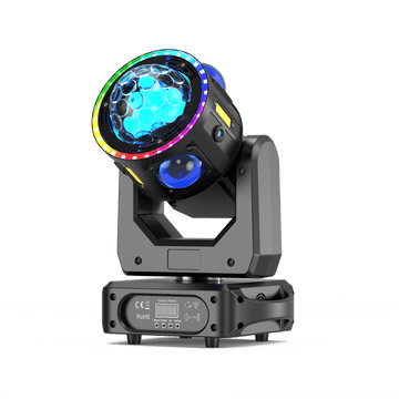 UKING ZQ02620 Moving Head Light, black, with rainbow LED ring, blue multi-faceted dome for stage & party.