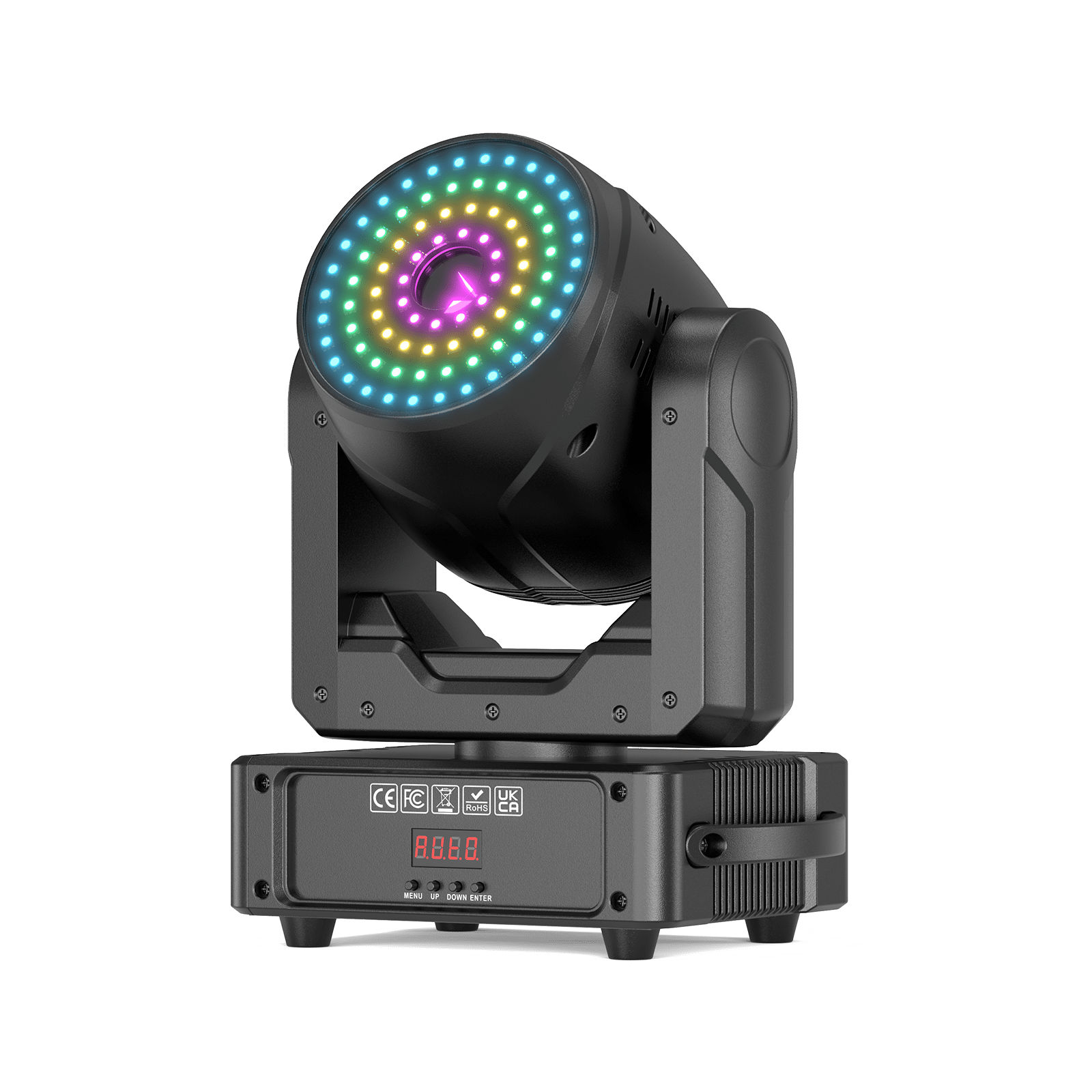 UKING ZQ02622 Moving Head Light, black with colorful RGB LEDs & digital display for stage lighting.