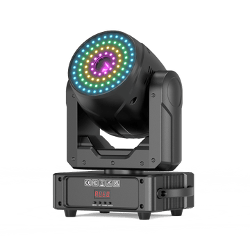 UKING ZQ02622 Moving Head Light, black with colorful RGB LEDs & digital display for stage lighting.
