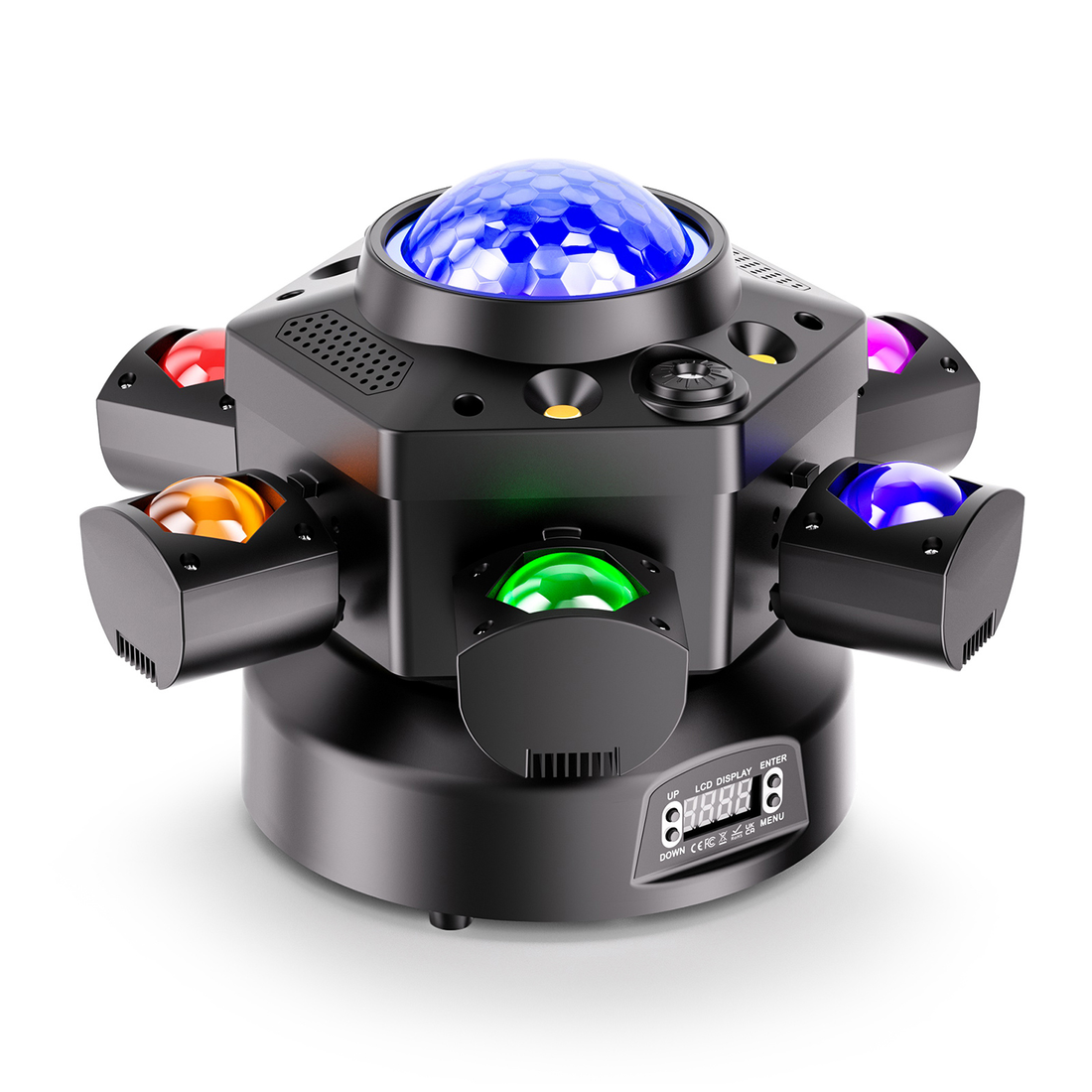 UKING ZQ02623 Moving Head Light with blue crystal dome, multi-directional RGBW LED beams for stage and event lighting.