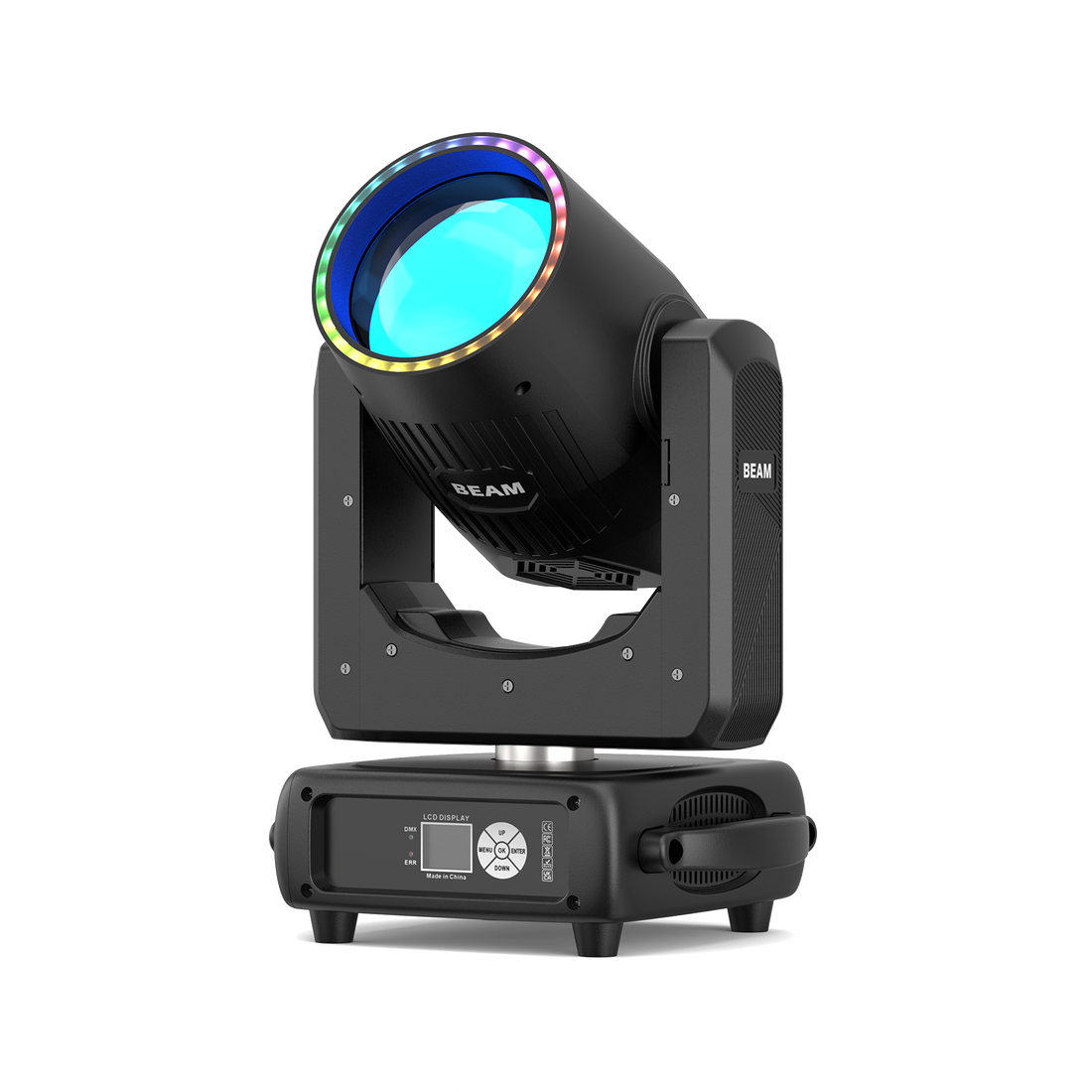 UKING ZQ02821 BEAM moving head stage light with colorful RGB LED lens ring, bright blue light output, and LCD display.