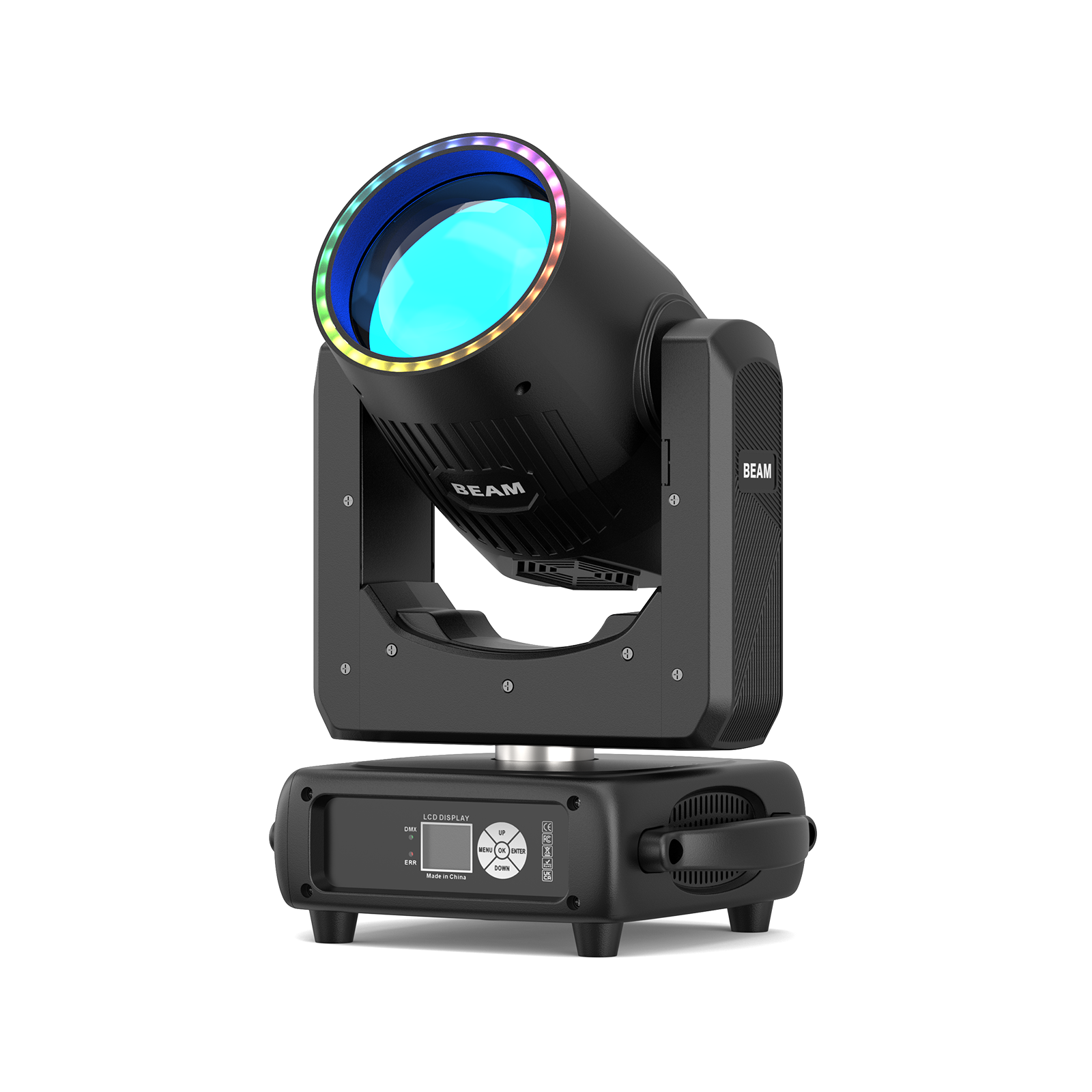 UKING ZQ02821 BEAM moving head stage light with colorful RGB LED lens ring, bright blue light output, and LCD display.