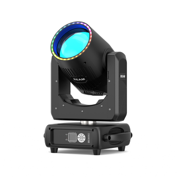 UKING ZQ02821 BEAM moving head stage light with colorful RGB LED lens ring, bright blue light output, and LCD display.