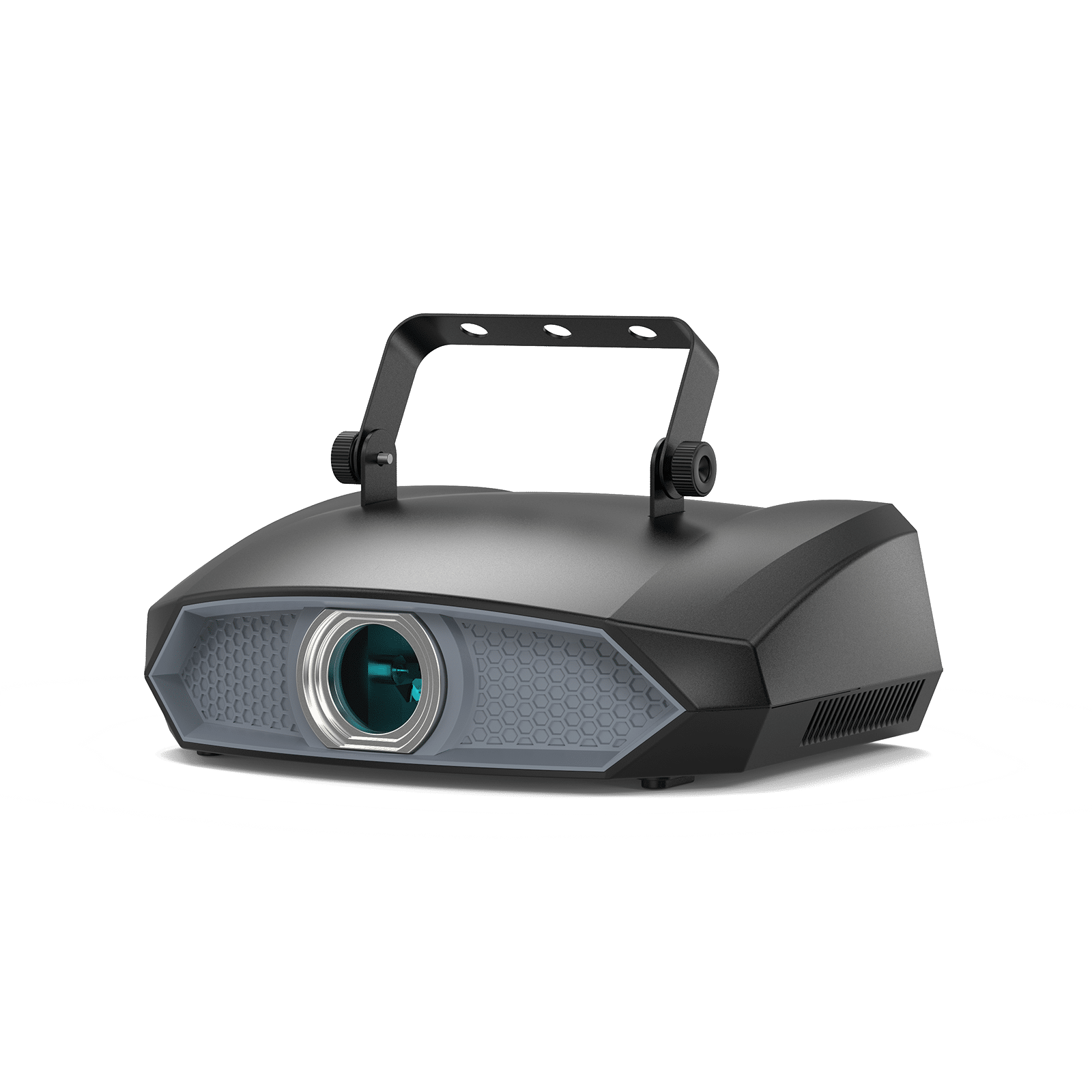 UKING ZQ03268 full color laser projector with black angular design, turquoise lens, and top handle for stage lighting.