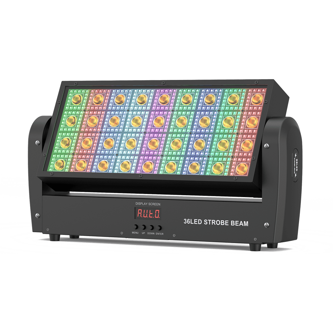 UKING ZQ06133 black retro stage light, vibrant RGB LED panels, 36LED strobe beam, and digital display for event lighting.