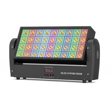 UKING ZQ06133 black retro stage light, vibrant RGB LED panels, 36LED strobe beam, and digital display for event lighting.