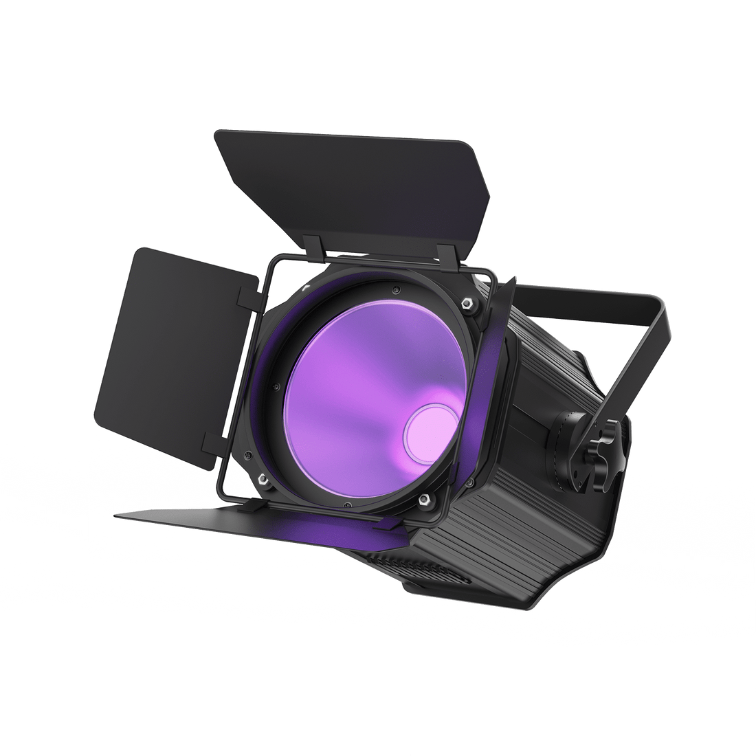 UKING ZQ09013 black stage spotlight with adjustable barn doors and a bright violet RGBWA+UV lens for event lighting.