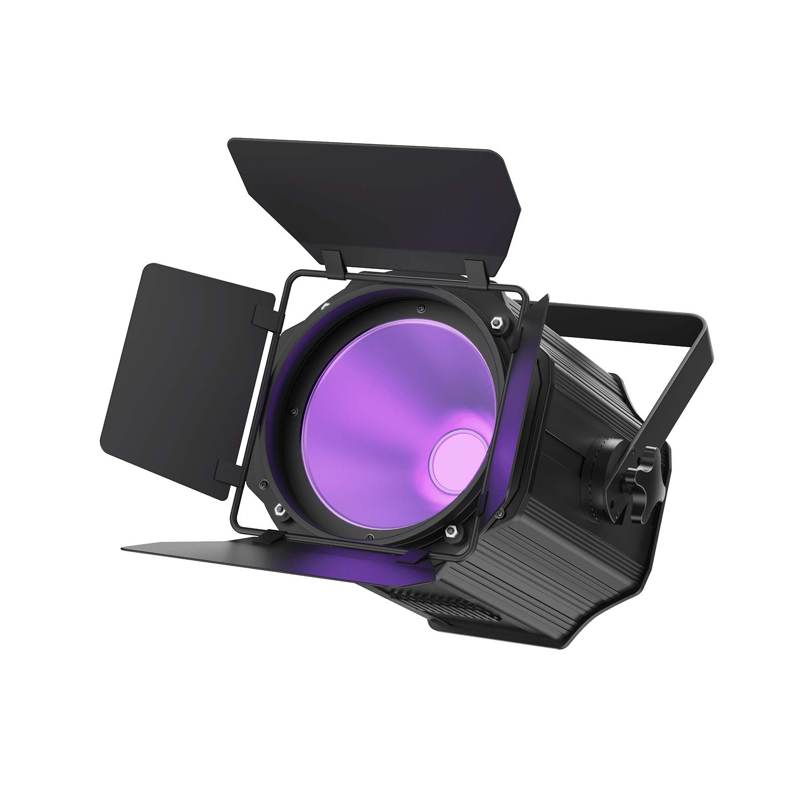 UKING ZQ09013 black stage spotlight with adjustable barn doors and a bright violet RGBWA+UV lens for event lighting.