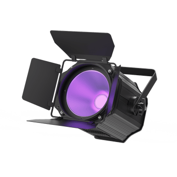 UKING ZQ09013 black stage spotlight with adjustable barn doors and a bright violet RGBWA+UV lens for event lighting.