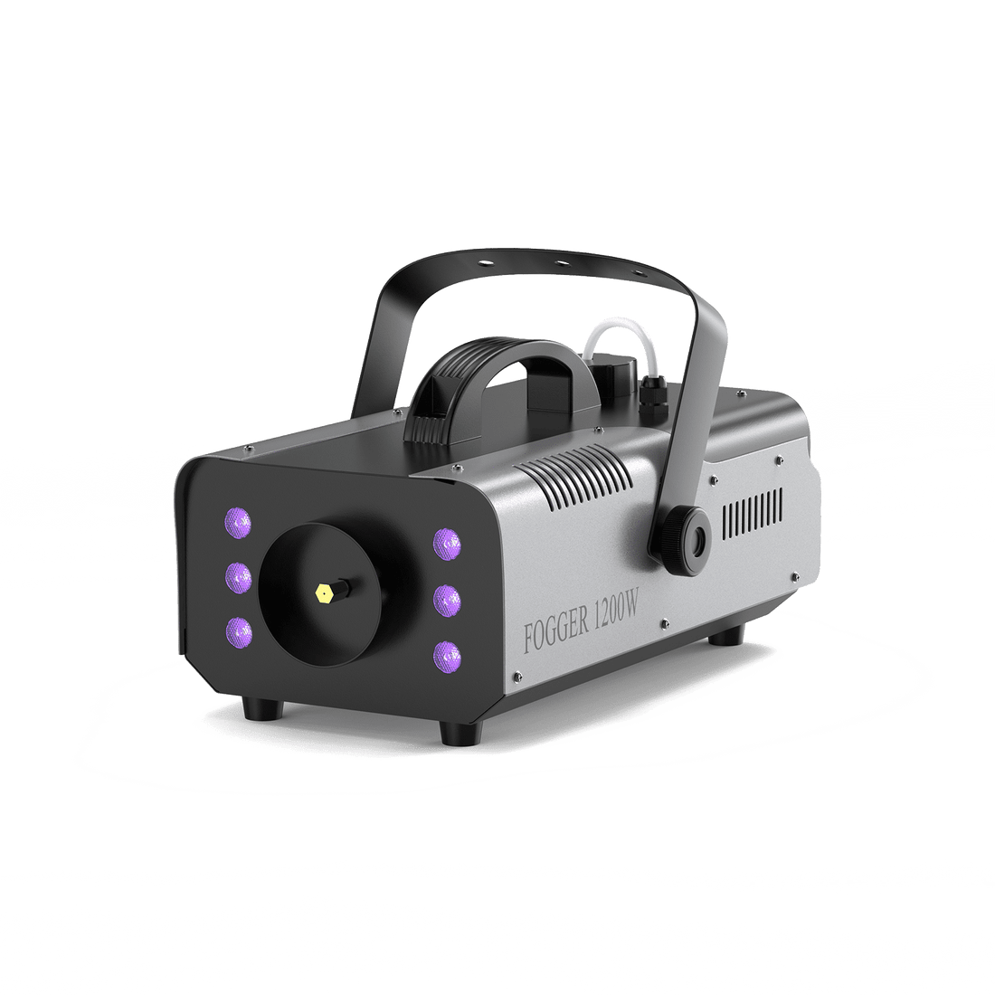 Compact black & silver UKING ZQ10016 fog machine (1200W) with glowing purple LEDs and a robust carry handle.