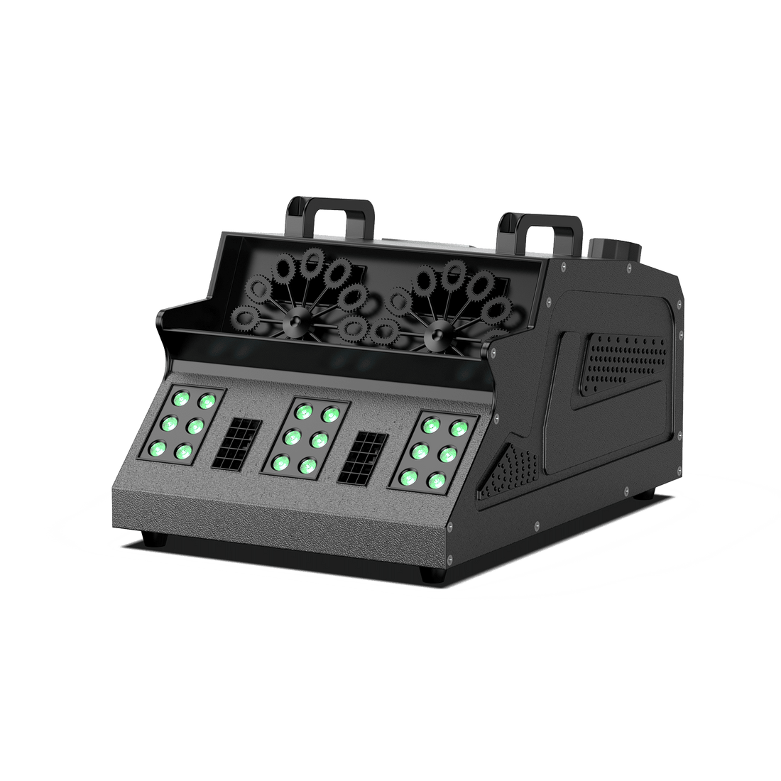 Sleek black UKING ZQ10142 bubble and smoke machine with dual wands, front green LED control lights, and handles.