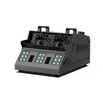 Sleek black UKING ZQ10142 bubble and smoke machine with dual wands, front green LED control lights, and handles.