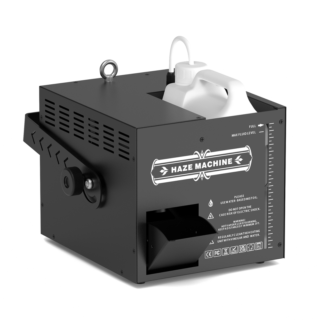 UKING ZQ10152 Haze Machine. Black fog machine with fluid tank, adjustable smoke outlet, mounting bracket.