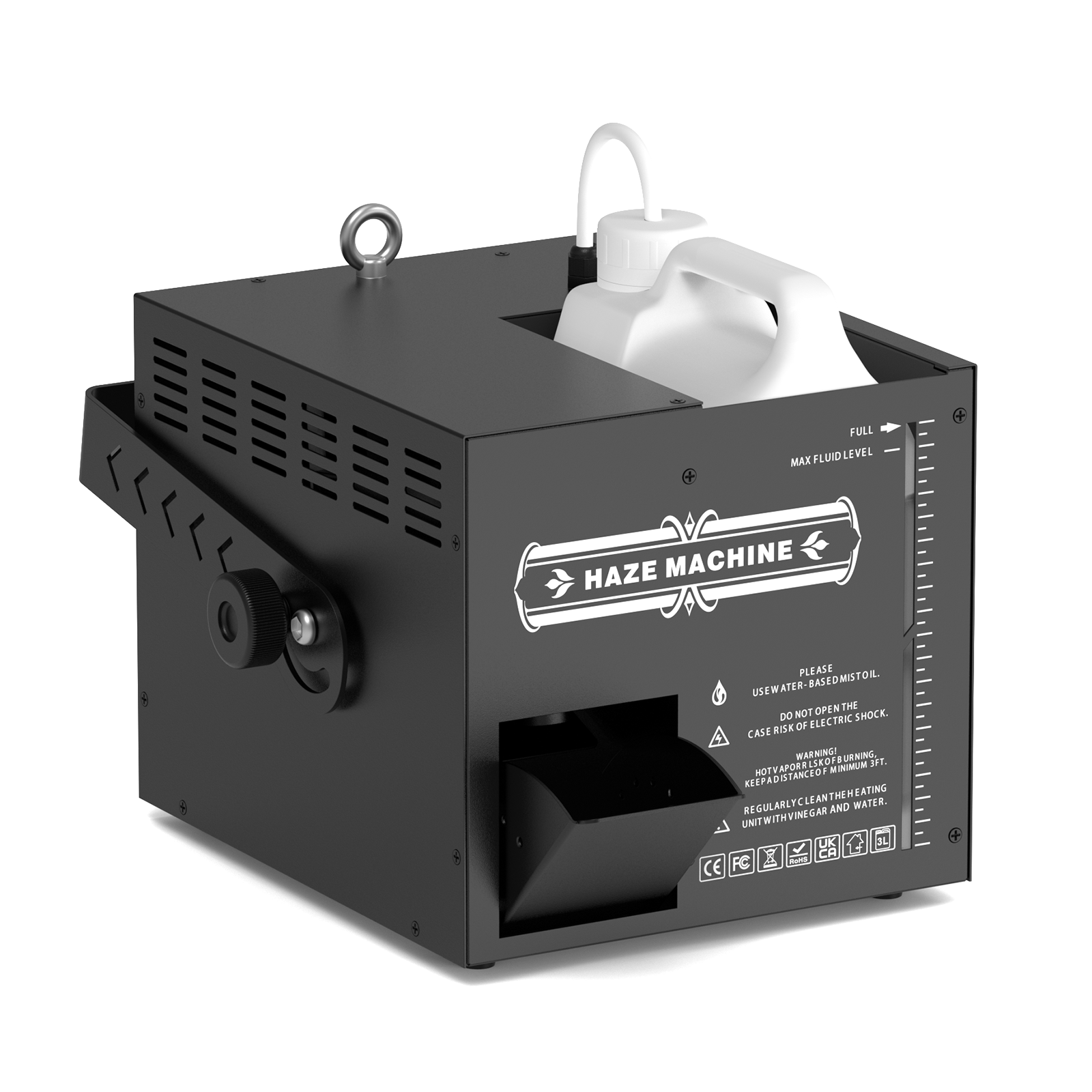 UKING ZQ10152 Haze Machine. Black fog machine with fluid tank, adjustable smoke outlet, mounting bracket.