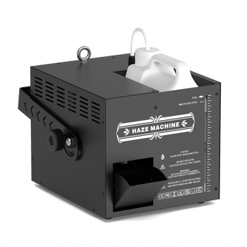 UKING ZQ10152 Haze Machine. Black fog machine with fluid tank, adjustable smoke outlet, mounting bracket.