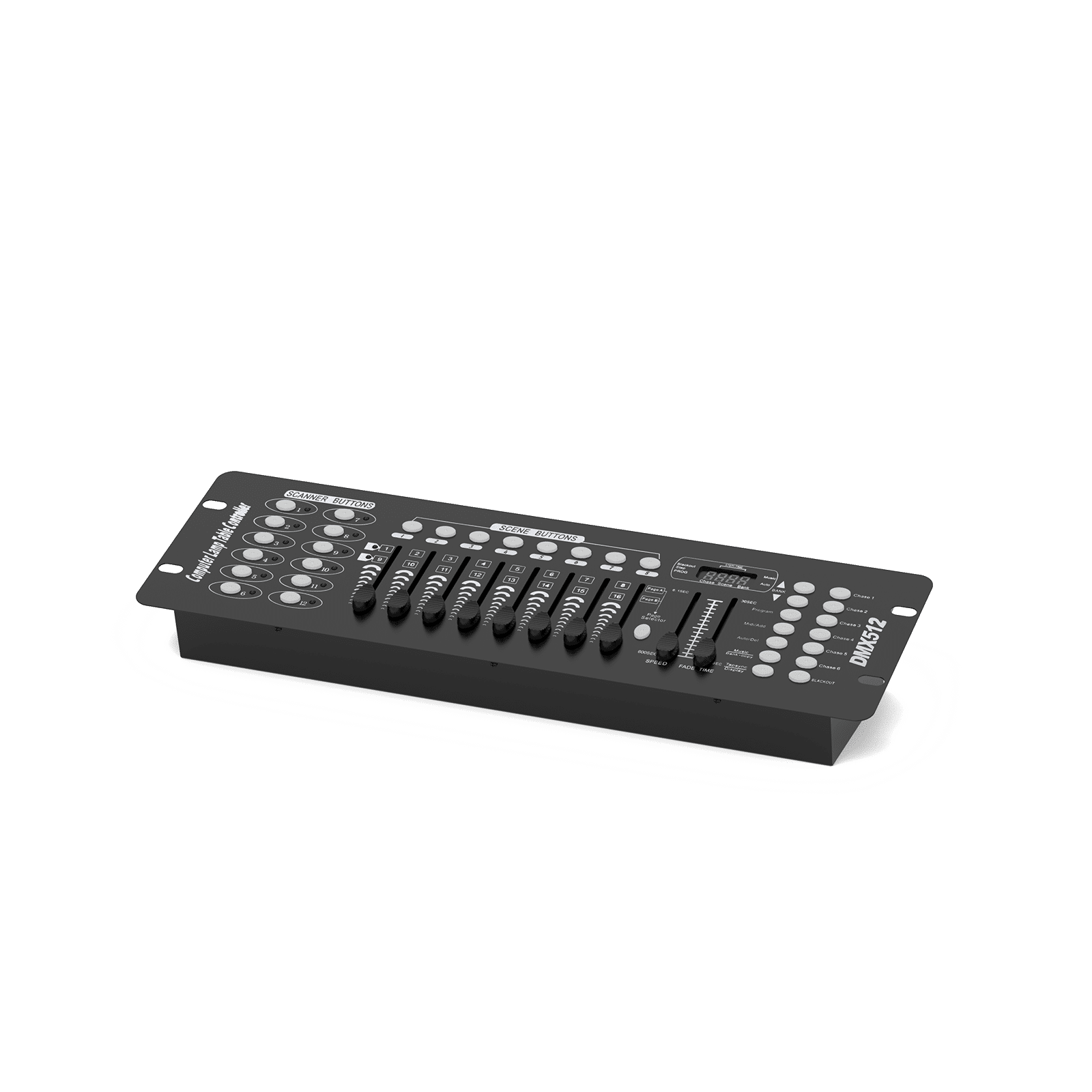 UKING 192 DMX Controller, black metal, with 8 faders, scanner buttons, and digital display for professional stage lighting.
