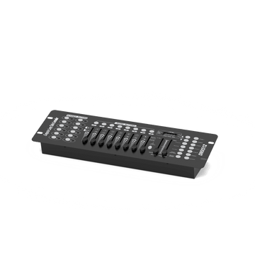 UKING 192 DMX Controller, black metal, with 8 faders, scanner buttons, and digital display for professional stage lighting.