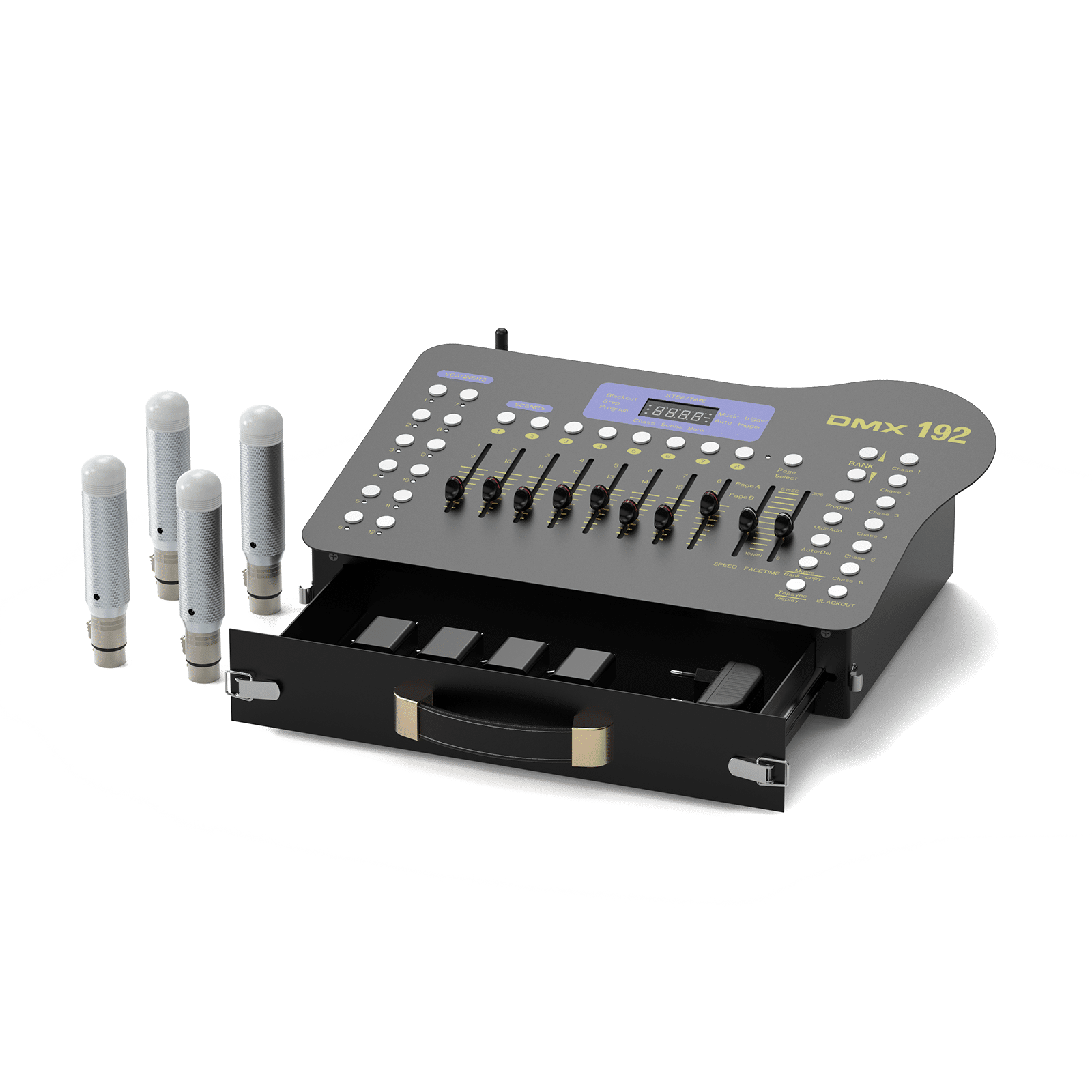 UKING 192-channel DMX controller kit with black panel, digital display, faders, and four wireless DMX receivers.