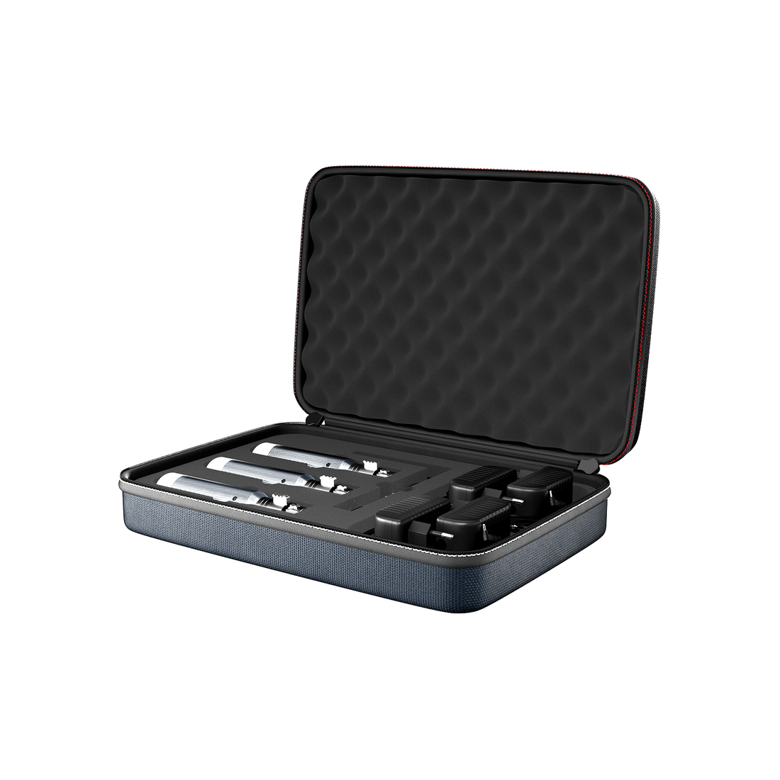 UKING ZQ14016 Rechargeable Wireless DMX Transmitter Kit: 1 transmitter, 3 receivers, power cords in a black protective bag.