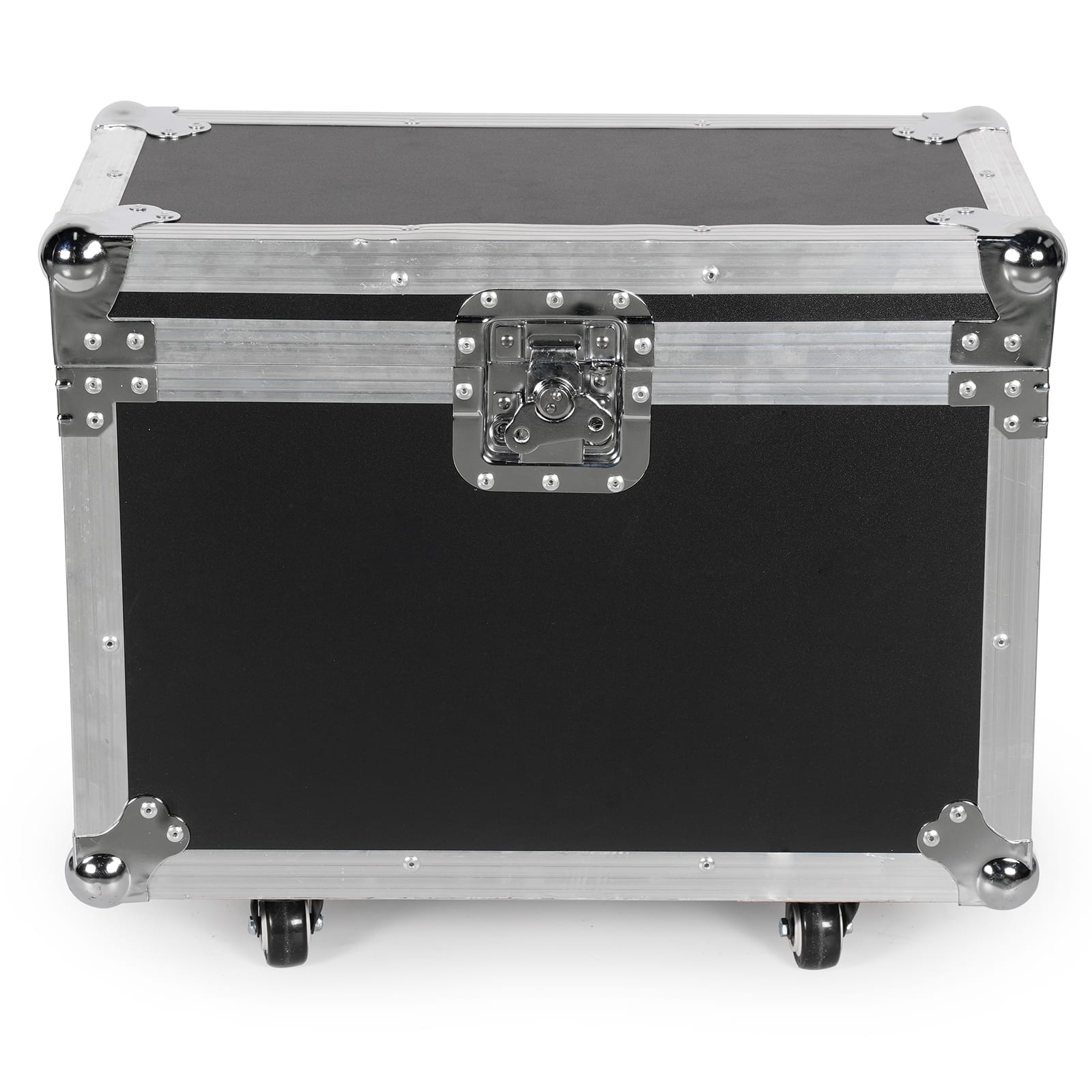 UKING ZQ02341 black flightcase. Leather exterior, aluminum trim, secure latch, and wheels.