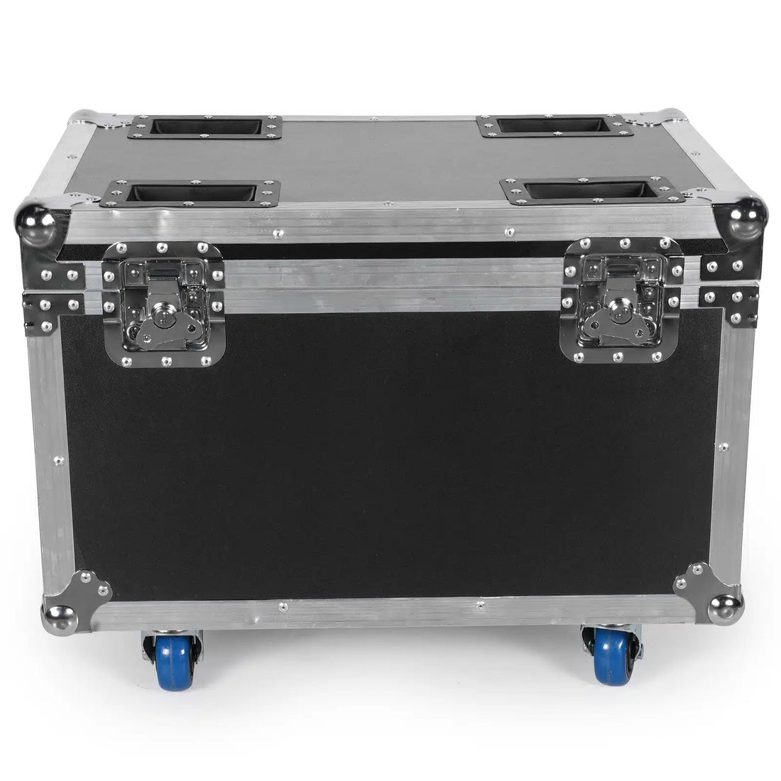 UKING ZQ02341 large black flight case with aluminum corners, heavy-duty latches, blue wheels for durable secure transport.