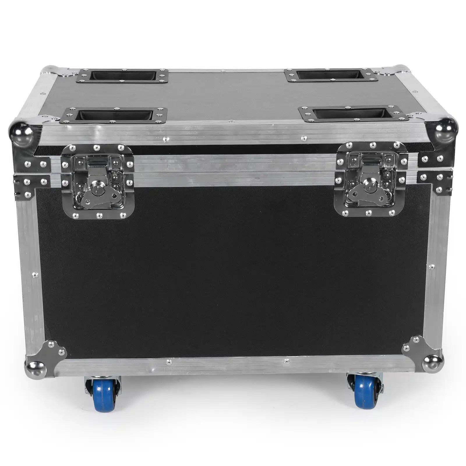 UKING ZQ02341 large black flight case with aluminum corners, heavy-duty latches, blue wheels for durable secure transport.