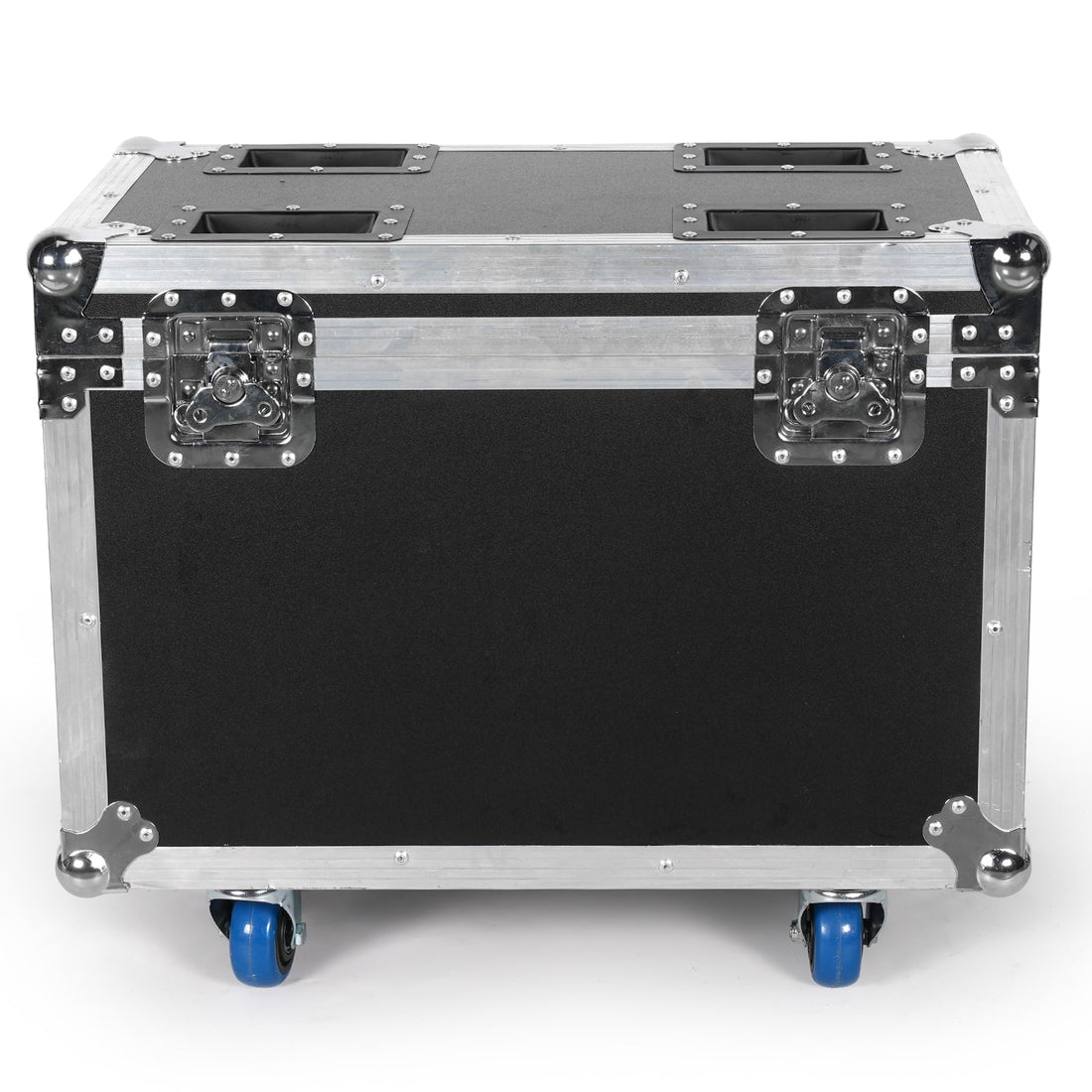 UKING ZQ02253 small black leather flight case with reinforced metal corners, secure latches, and blue wheels.