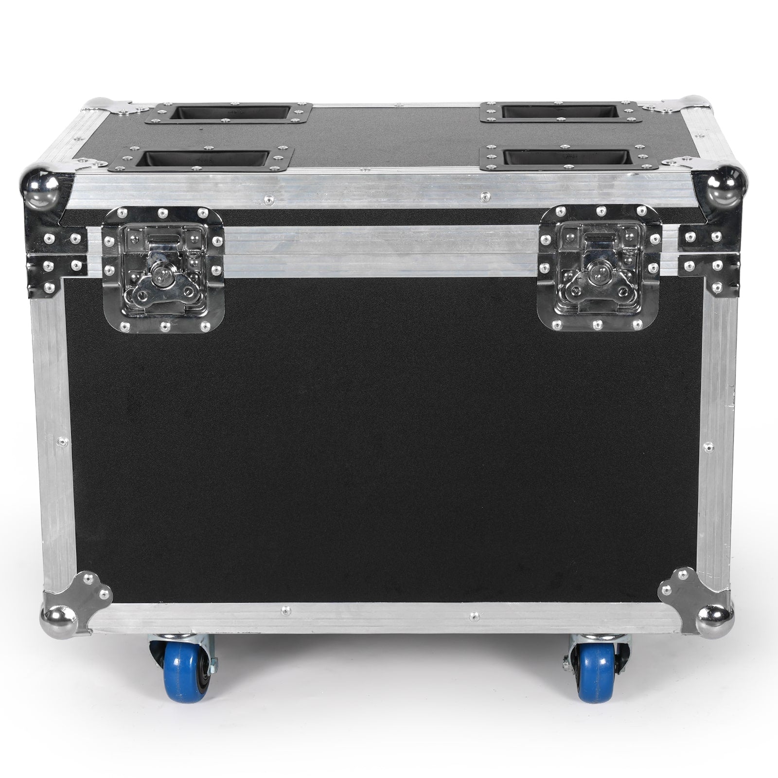 UKING ZQ02253 small black leather flight case with reinforced metal corners, secure latches, and blue wheels.