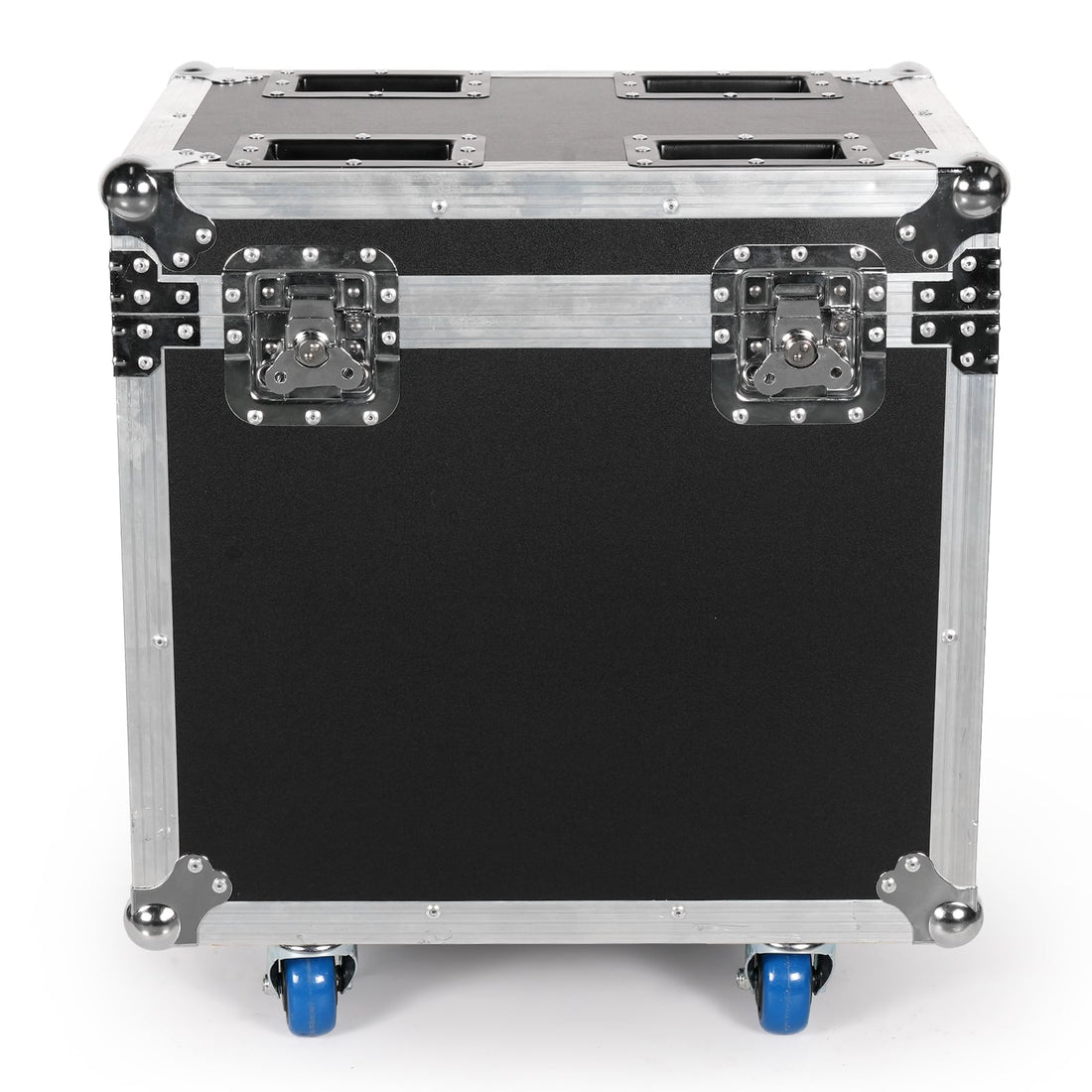 UKING ZQ02254 black flight case with metal latches, reinforced corners, aluminum trim, and blue brakeable wheels.