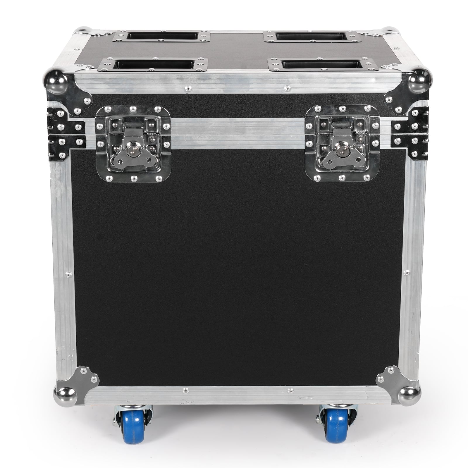 UKING ZQ02254 black flight case with metal latches, reinforced corners, aluminum trim, and blue brakeable wheels.