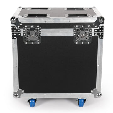 UKING ZQ02254 black flight case with metal latches, reinforced corners, aluminum trim, and blue brakeable wheels.