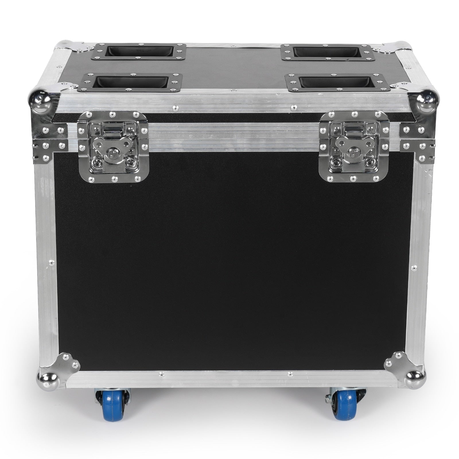 UKING ZQ02345 small black flight case made of high-grade leather with reinforced edges, four latches, and two wheels for easy transport.