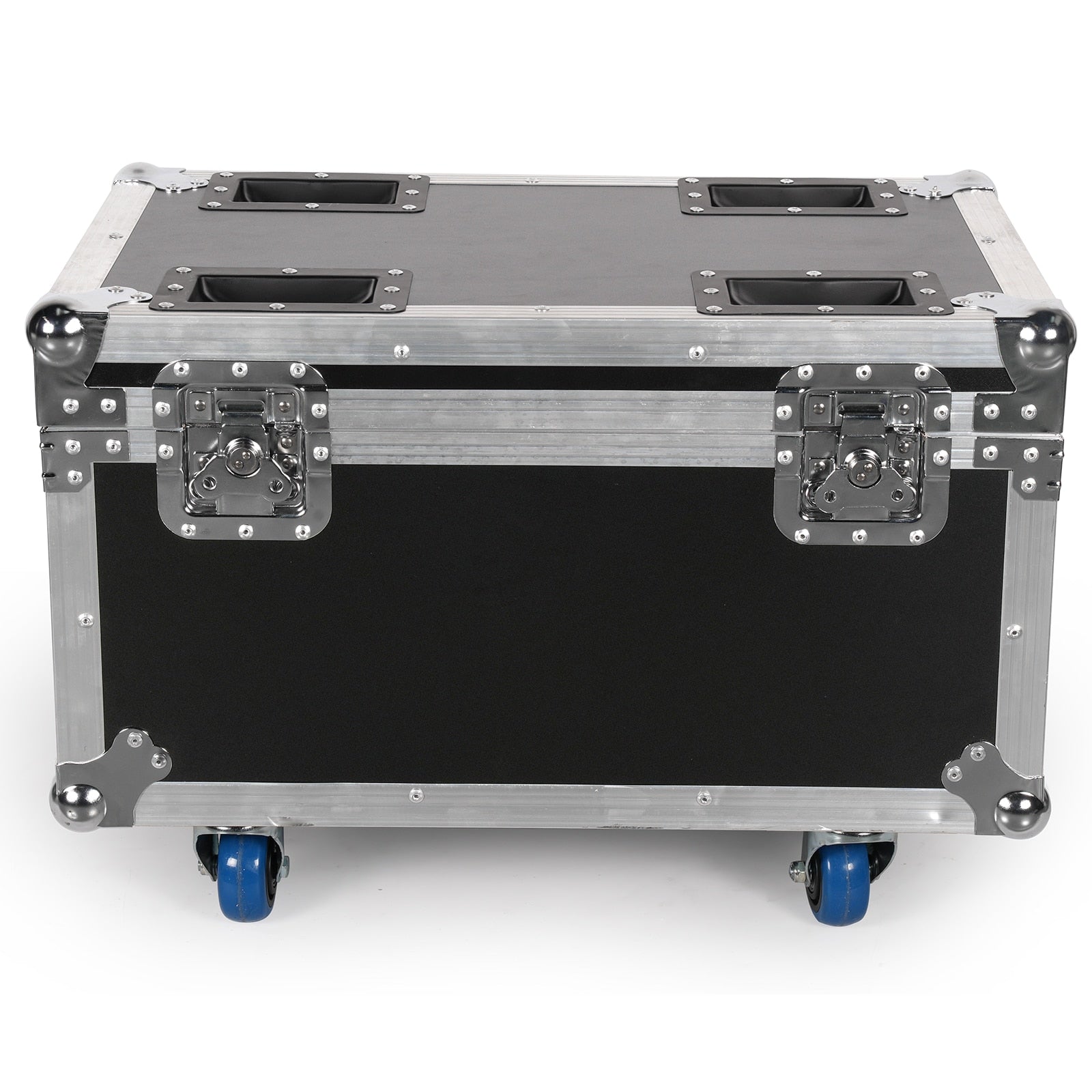 UKING ZQ02001 black flightcase with leather, silver aluminum frame, latches, and brakeable wheels.