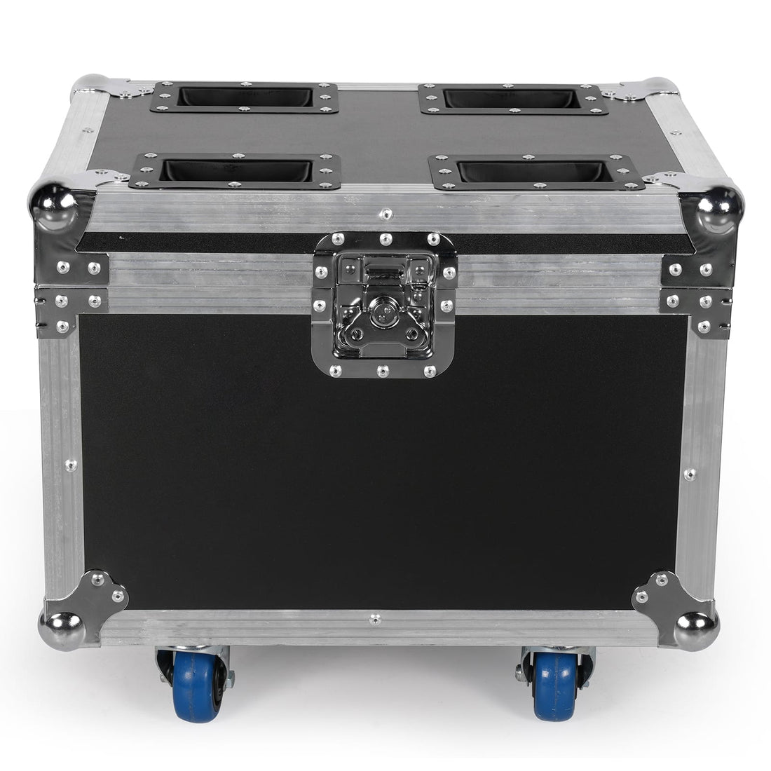 UKING ZQ02255 black flight case with reinforced aluminum, top handles, and blue wheels for secure equipment transport.