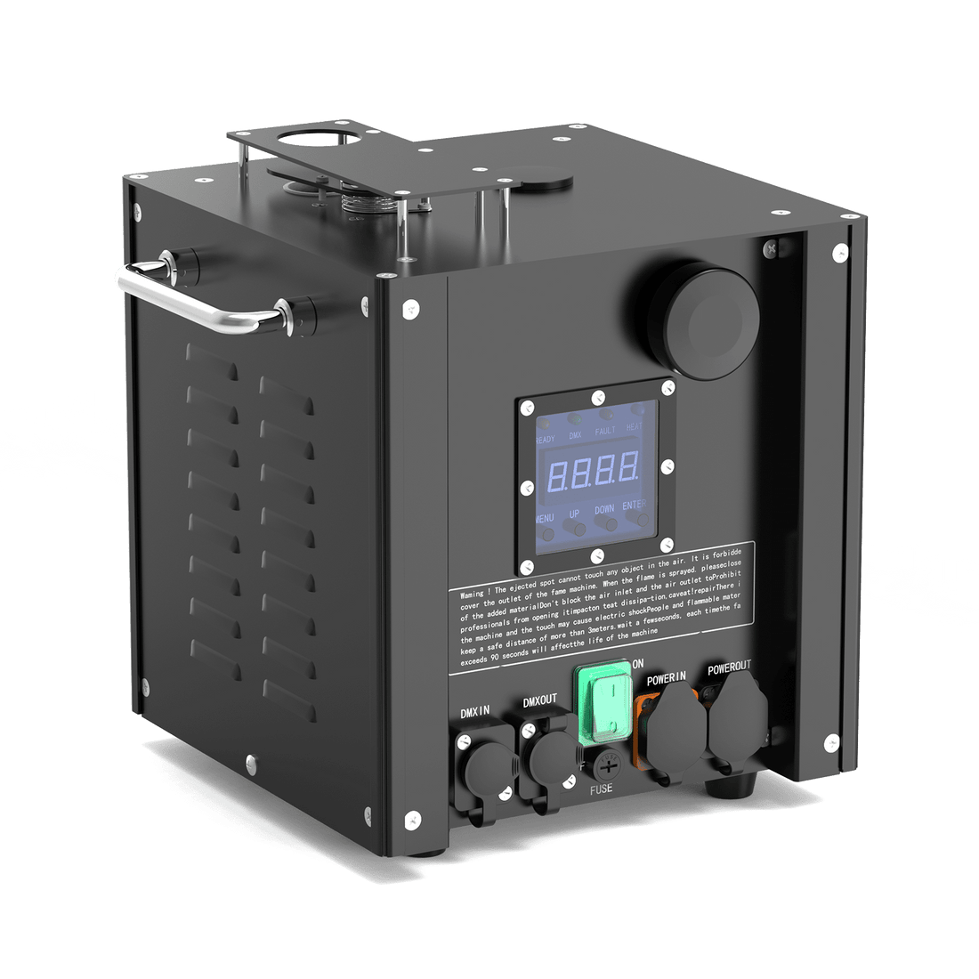 Black UKING ZQ16030 Cold Spark Machine with LCD, DMX & power ports, plus top mounting bracket for events.