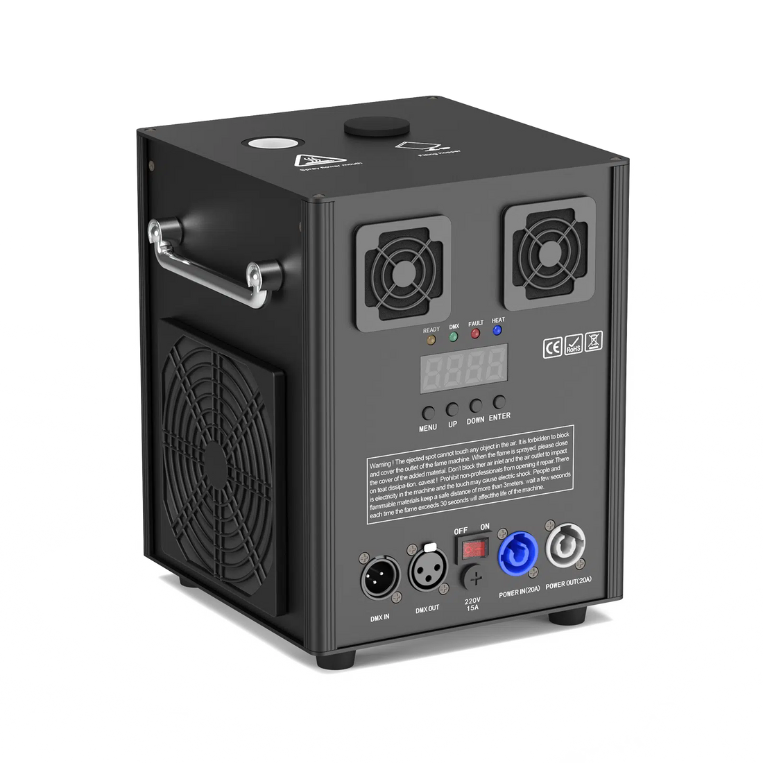 UKING ZQ16050 Cold Spark Machine, black, with dual cooling fans, LCD display, DMX ports & carry handle for events.